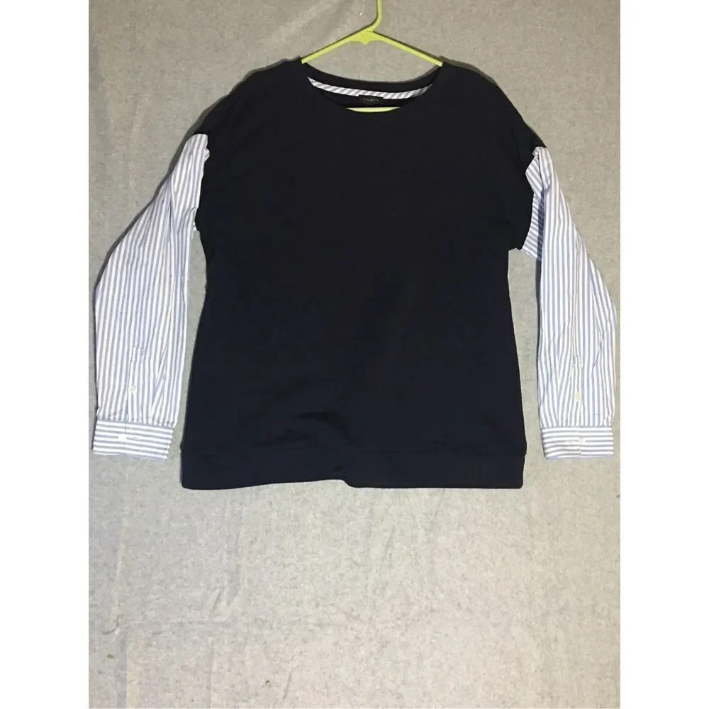 Womens Talbots Sweater Size Large Navy Blue Stripes Mixed Media Cute Teacher